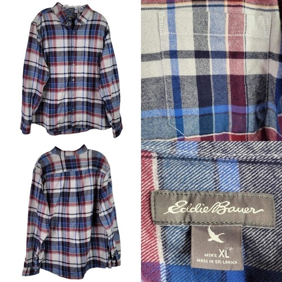 Eddie Bauer Shirt Blue Red Plaid Flannel Button Down Mens Size XL Classic Fit - Picture 1 of 11